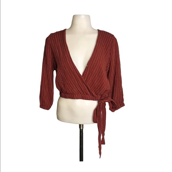 Me to We | Boho Rust Striped Low Cut Wrap Blouse Self tie Waist Crop Top - Picture 1 of 9